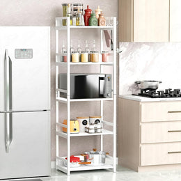 Lukzer 5-Tier Multipurpose Metal & Wood Kitchen Storage Rack (MKR-005/White & White)