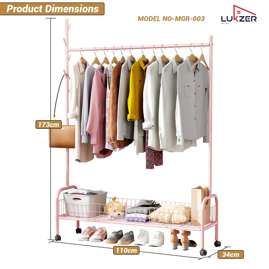 Lukzer Metal Single Rod Clothes Hanging Stand with Bottom Shelf & Lockable Wheels (MGR-003/Pink)