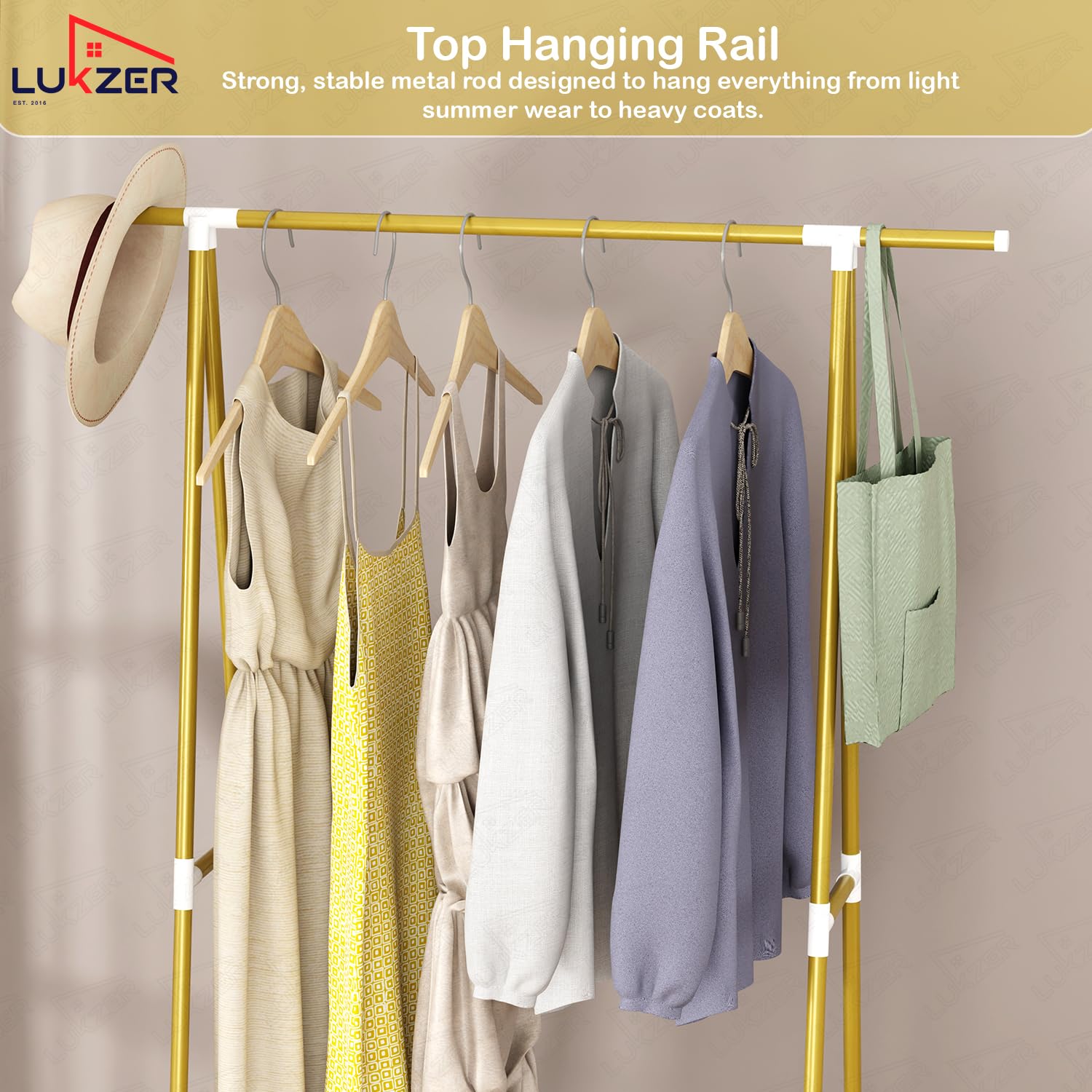 Lukzer A-Shaped Metal Garment Stand with Dual Storage Shelves & Wheels (MGR-010/Gold)