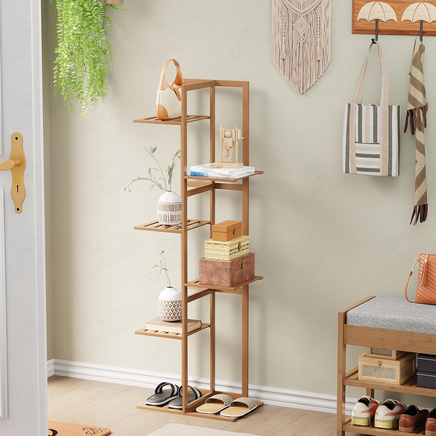 Lukzer 5-Tier Bamboo Plant Stand | Indoor Outdoor Tiered Plant Shelf Organizer