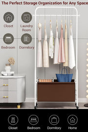 Lukzer Metal Clothes Rail Stand with Leather Storage Bin & Wheels (MGR-009/White)