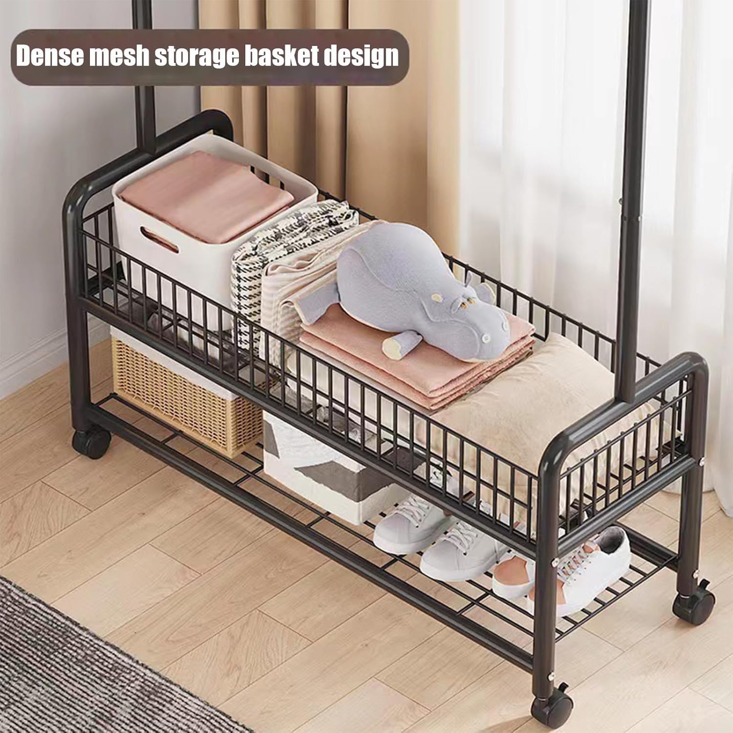 Lukzer Metal Single Rod Clothes Hanging Stand with Double Shelf & Lockable Wheels (MGR-004/Black)
