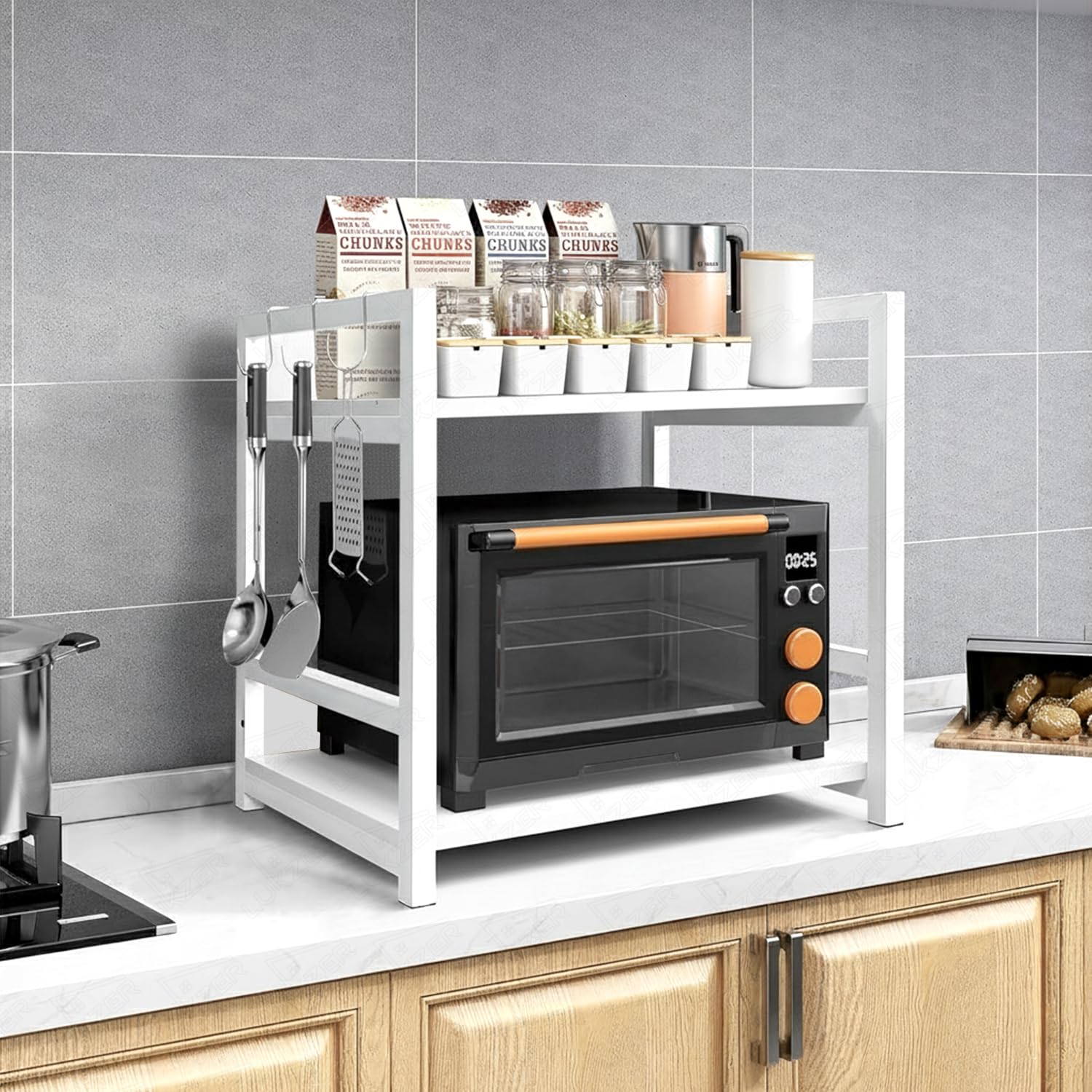 Lukzer 2-Tier Multipurpose Metal & Wood Kitchen Storage Rack (MKR-002/White & White)