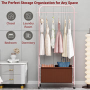 Lukzer Metal Clothes Rail Stand with Leather Storage Bin & Wheels (MGR-009/Pink)