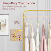 Lukzer Metal Clothes Rail Stand with Leather Storage Bin & Wheels (MGR-009/Gold)