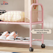 Lukzer Metal Single Rod Clothes Hanging Stand with Double Shelf & Lockable Wheels (MGR-004/Pink)