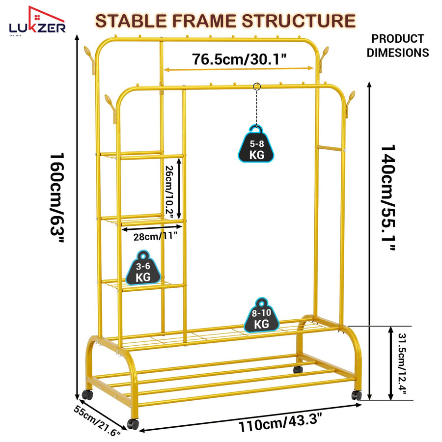 Lukzer Metal Garment Stand with 6 Shelves & Double Rods with Side Hooks & Wheels (MGS-008/Gold)