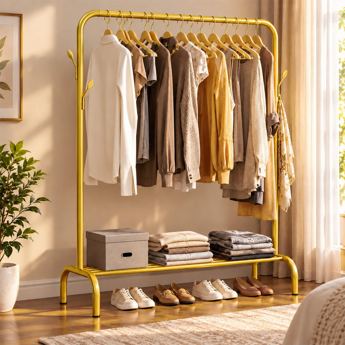 Lukzer Freestanding Metal Cloth Stand with Storage Shelf (MGS-001/Gold)