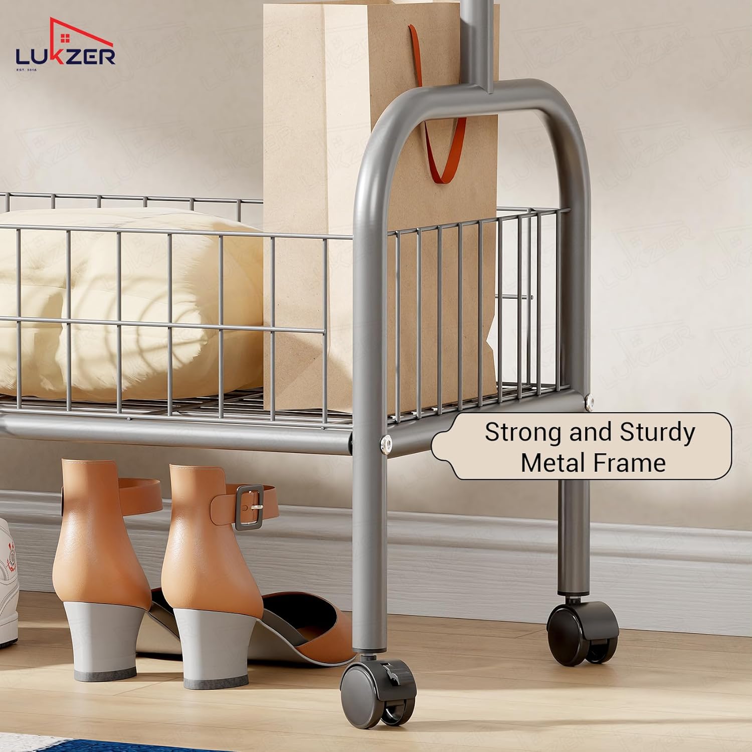 Lukzer Metal Single Rod Clothes Hanging Stand with Bottom Shelf & Lockable Wheels (MGR-003/Grey)