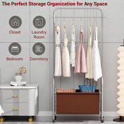 Lukzer Metal Clothes Rail Stand with Leather Storage Bin & Wheels (MGR-009/Grey)