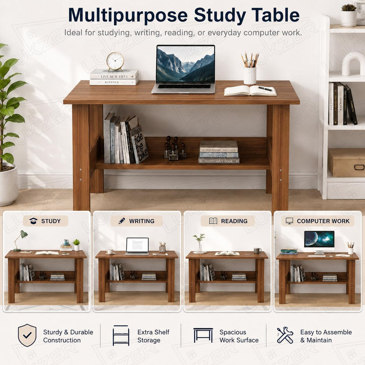 Lukzer Modern Computer Desk with Bookshelf Study Table Made with Engineered Wood (ST-005/Oak Brown)
