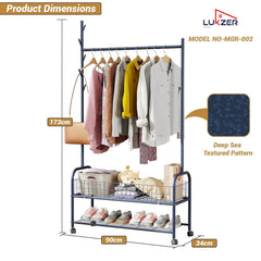 Lukzer Heavy-Duty Portable Metal Clothes Rack with Double Rod & Bottom Shelf (MGR-002/Deep Sea)