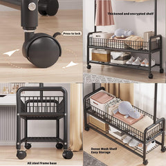 Lukzer Metal Single Rod Clothes Hanging Stand with Double Shelf & Lockable Wheels (MGR-004/Black)