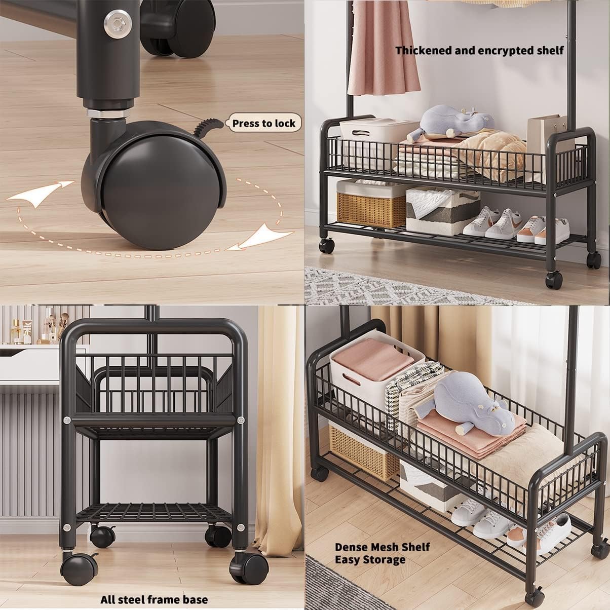 Lukzer Metal Single Rod Clothes Hanging Stand with Double Shelf & Lockable Wheels (MGR-004/Black)