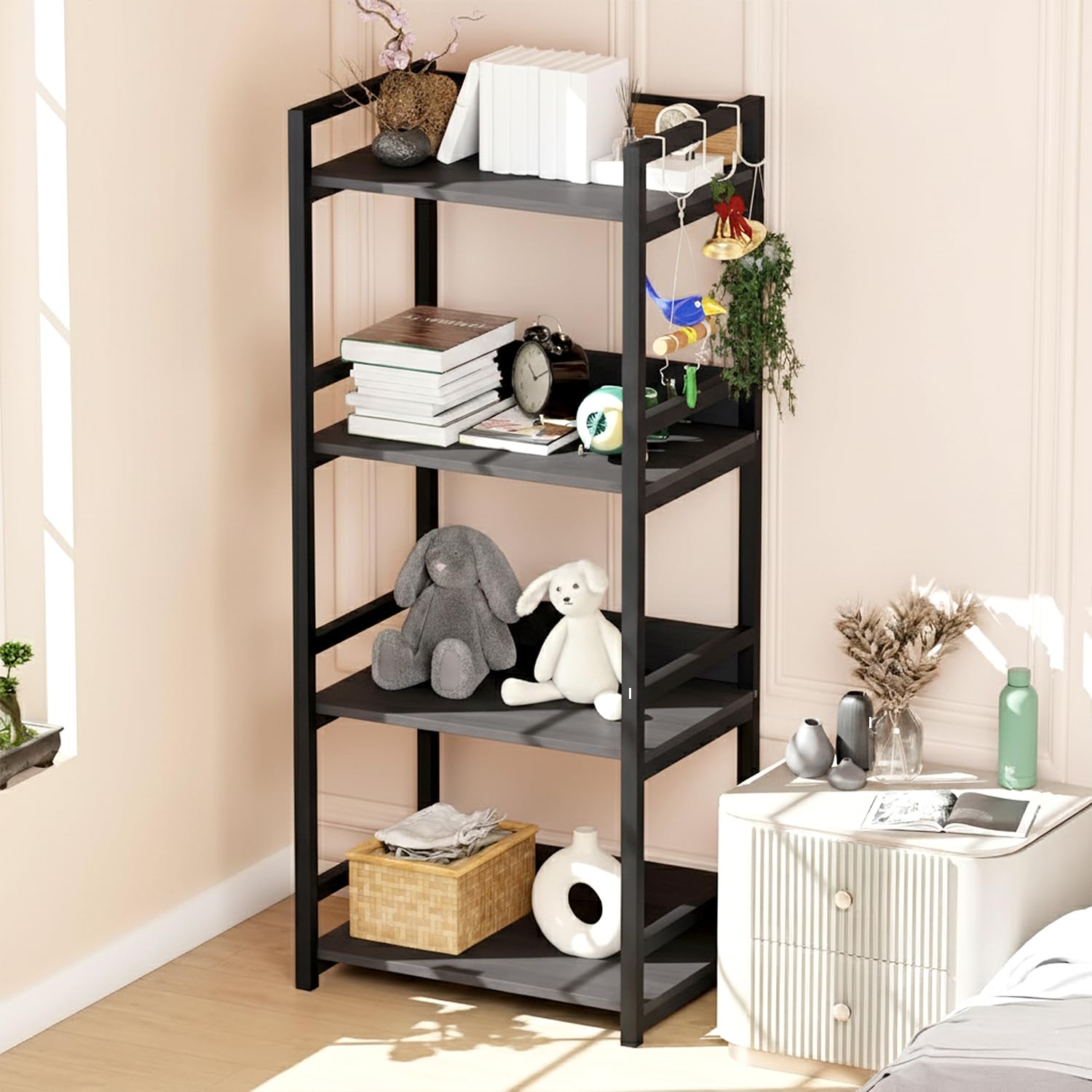 Lukzer 4-Tier Multipurpose Metal & Wood Kitchen Storage Rack (MKR-004/Black & Black)