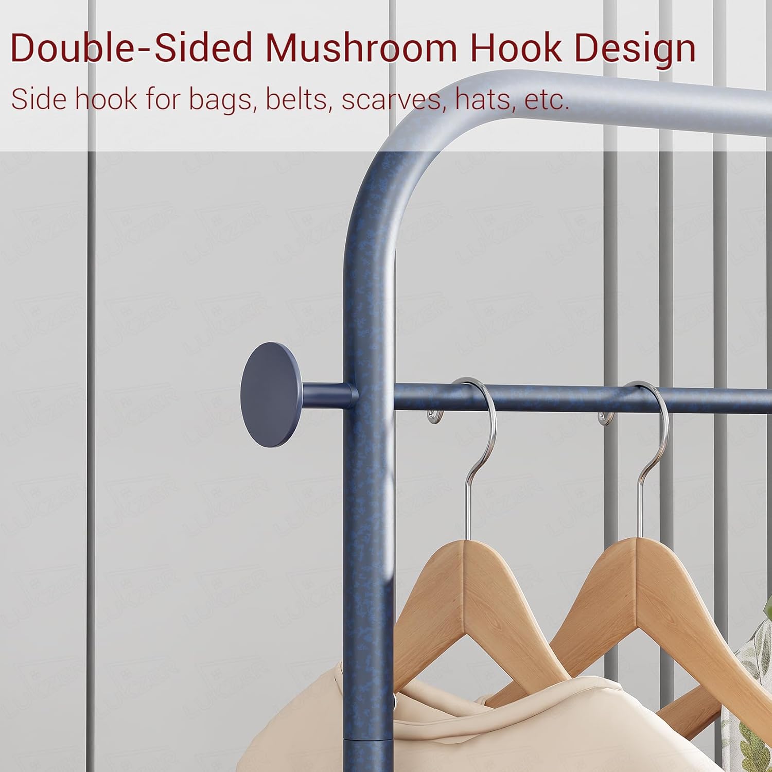 Lukzer Metal Clothes Rail Stand with Leather Storage Bin & Wheels (MGR-009/Deep Sea)
