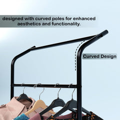 Lukzer Multi-Functional Cloth Rack Stand with Bottom Shelves & Wheels – Cat Ear Design (148x120x38cm, Black/Gold/White)