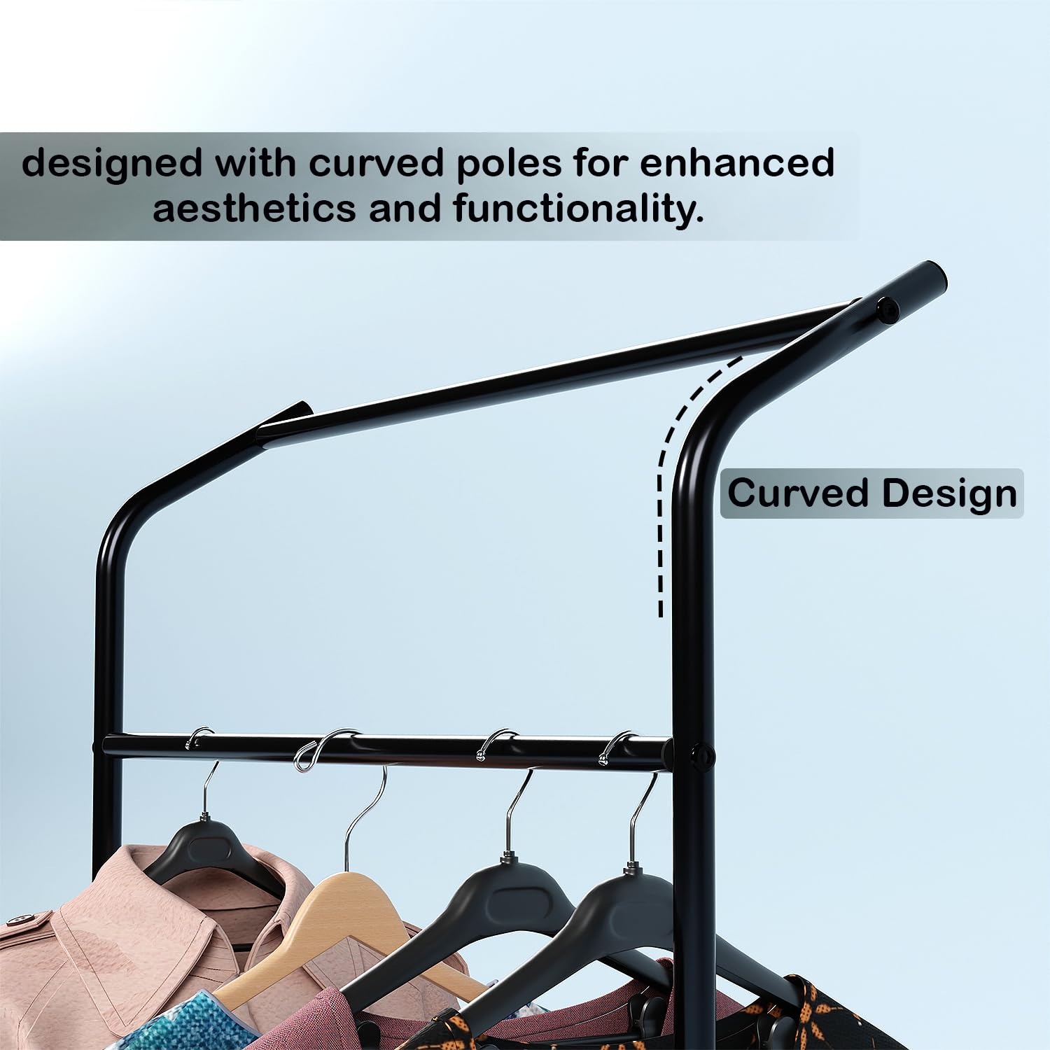 Lukzer Multi-Functional Cloth Rack Stand with Bottom Shelves & Wheels – Cat Ear Design (148x120x38cm, Black/Gold/White)