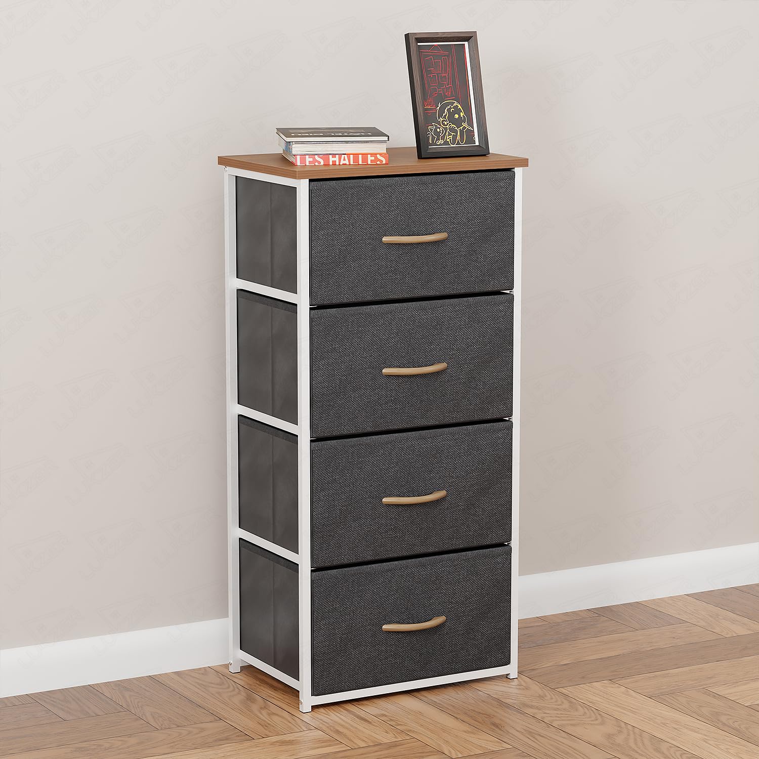Lukzer 4-Drawer Fabric Storage Organizer for Closet (MMR-002/White & Oak Brown)