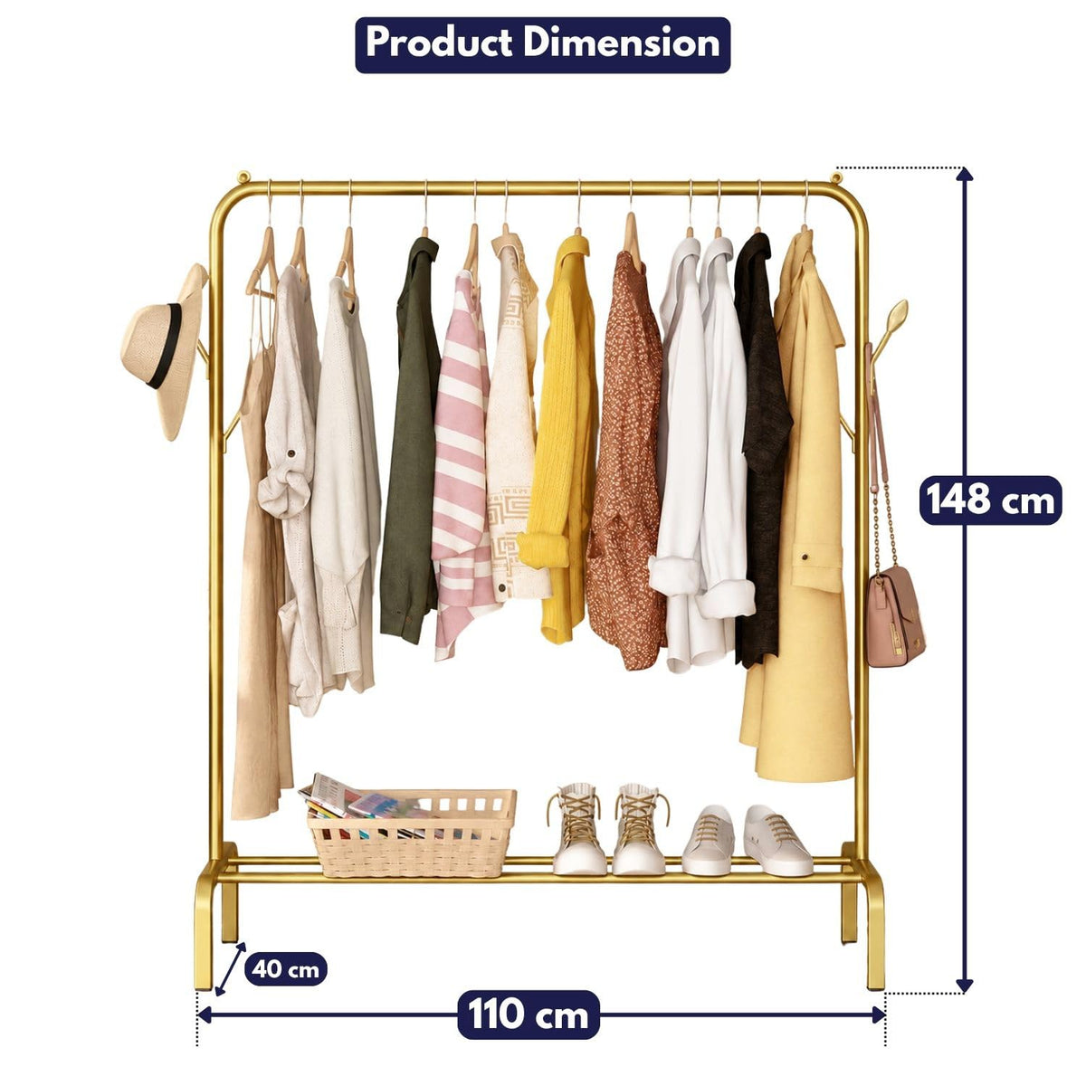 Lukzer Freestanding Metal Cloth Stand with Storage Shelf (MGS-001/Gold)