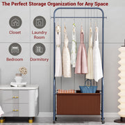 Lukzer Metal Clothes Rail Stand with Leather Storage Bin & Wheels (MGR-009/Deep Sea)