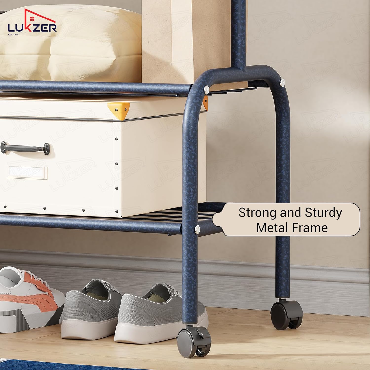 Lukzer Single Pole Portable Metal Garment Rack with 2 Bottom Shelves (MGR-008/Deep Sea)