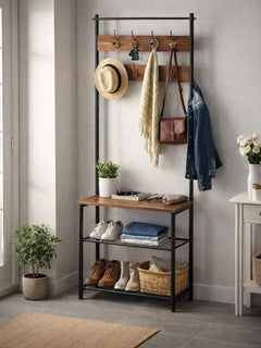 Lukzer Multipurpose Hall Tree with Coat Rack, Bench and Shoe Storage (Black & Oak)