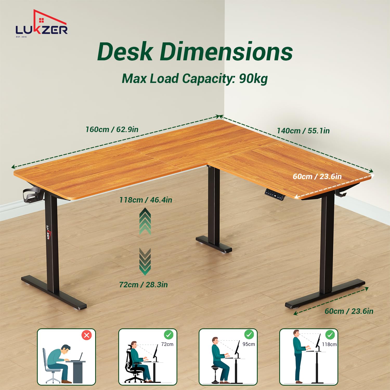 Lukzer Electric Height Adjustable Desk with USB & Type-C Study Table (EST-001/UC-Black & Oak Brown) 3-Years Warranty
