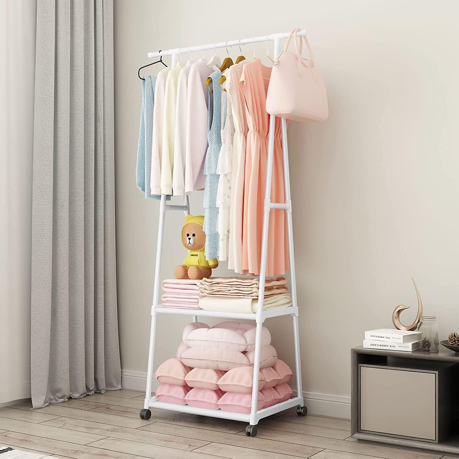 Lukzer A-Shaped Metal Garment Stand with Dual Storage Shelves & Wheels (MGR-010/White)