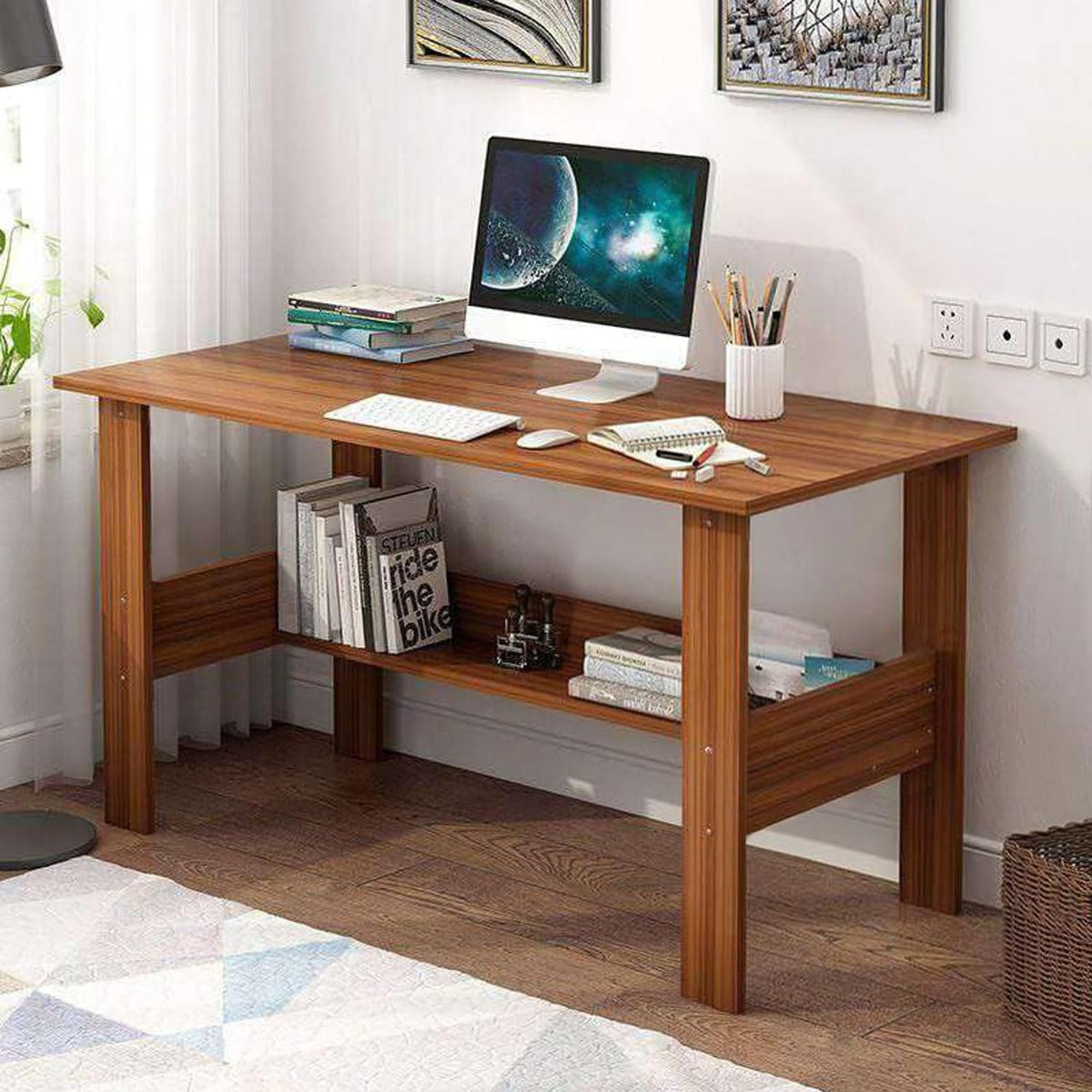 Lukzer Modern Computer Desk with Bookshelf Study Table Made with Engineered Wood (ST-005/Oak Brown)
