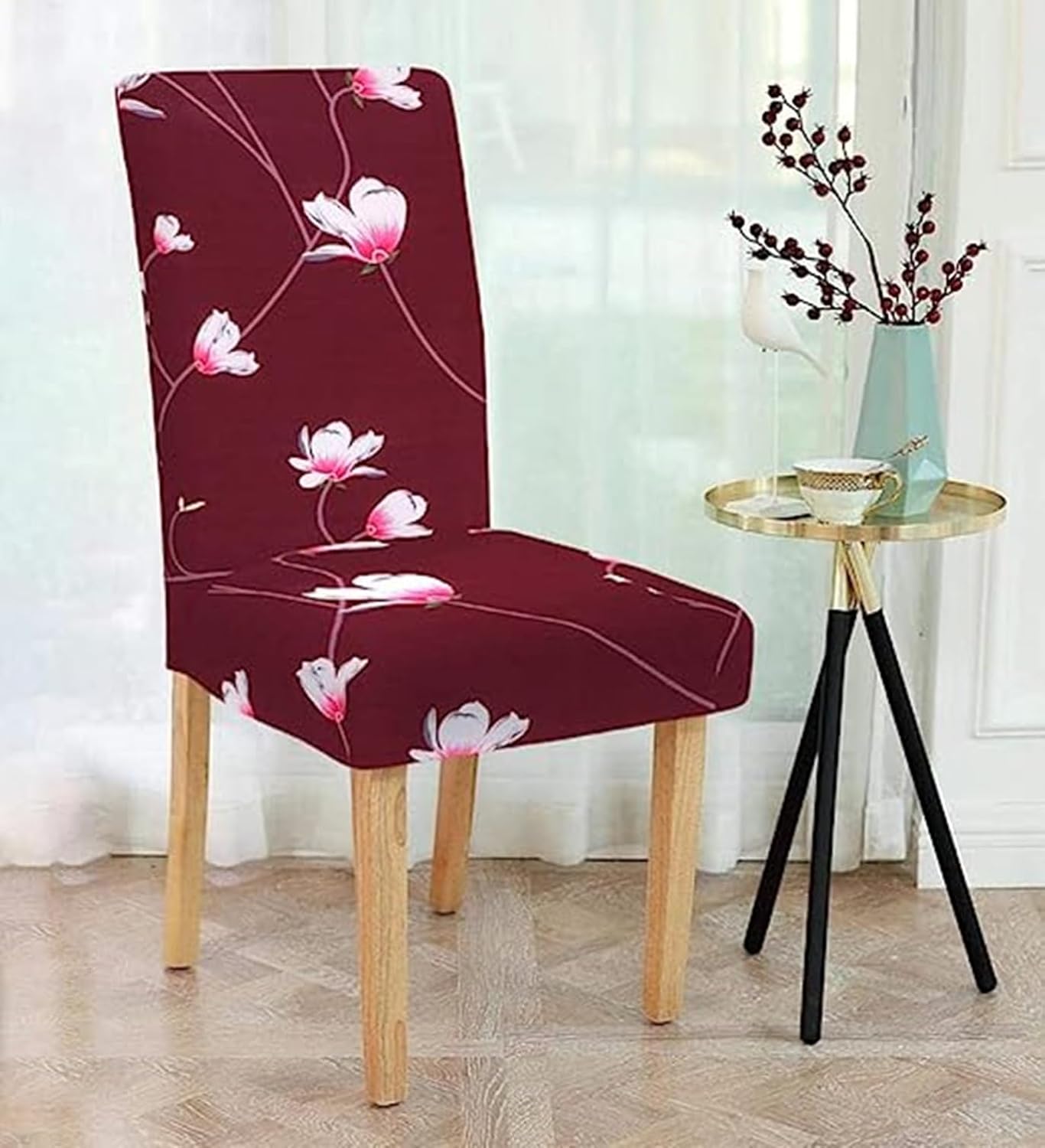 Lukzer Polyester Chair Cover -  Maroon Flower (CC-009-01)