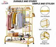Lukzer Metal Garment Stand with 6 Shelves & Double Rods with Side Hooks & Wheels (MGS-008/Gold)