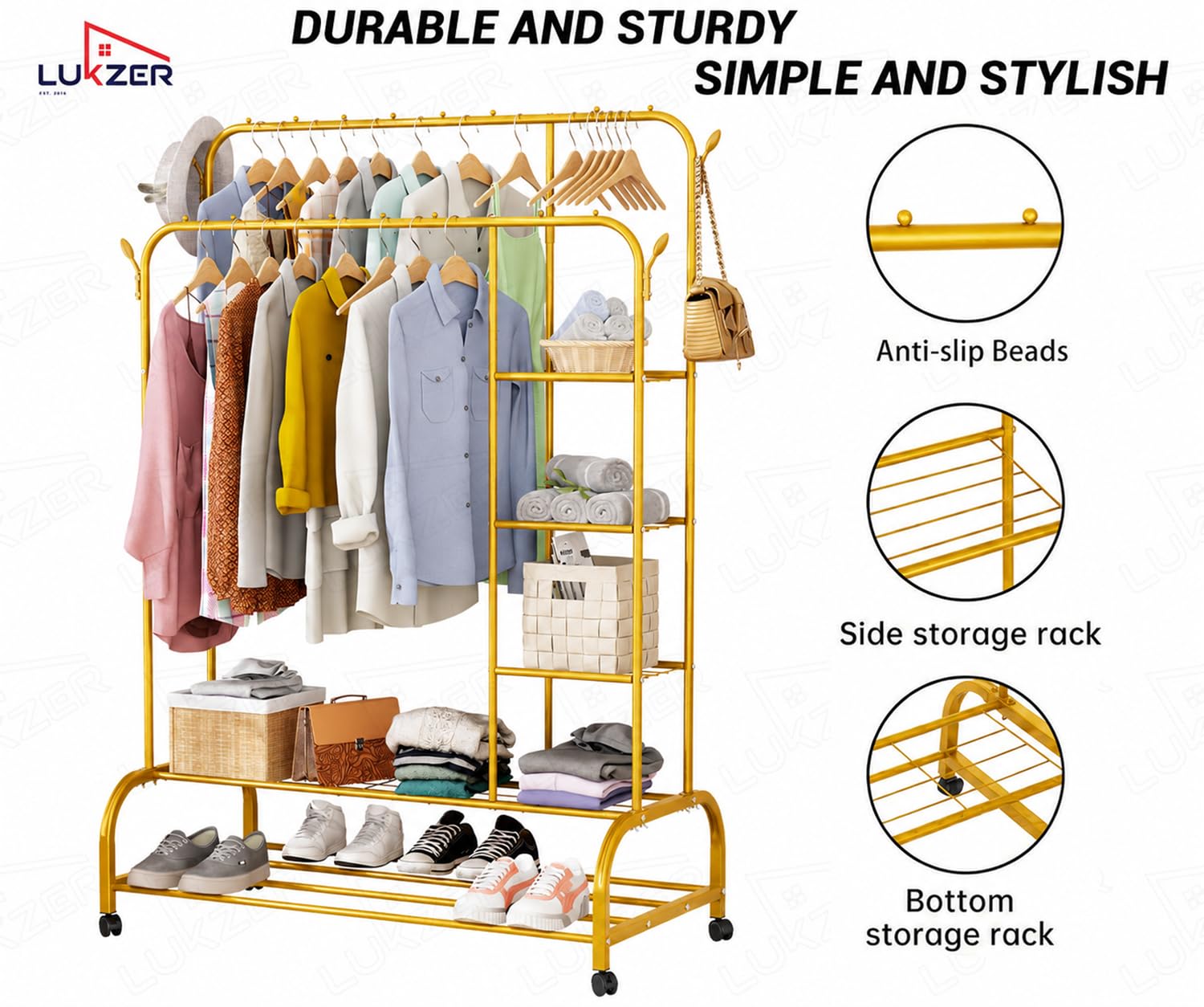 Lukzer Metal Garment Stand with 6 Shelves & Double Rods with Side Hooks & Wheels (MGS-008/Gold)