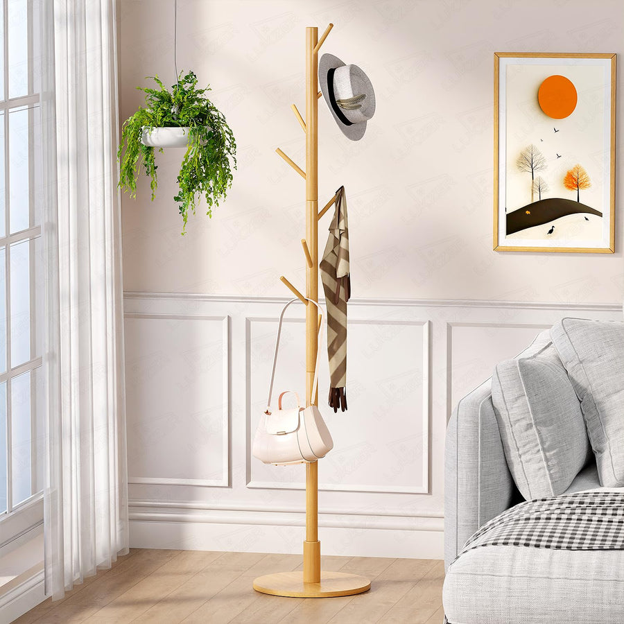 Lukzer 8-Hook Bamboo Coat Stand with Round Base (CH-492)