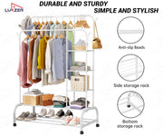 Lukzer Metal Garment Stand with 6 Shelves & Double Rods with Side Hooks & Wheels (MGS-008/White)