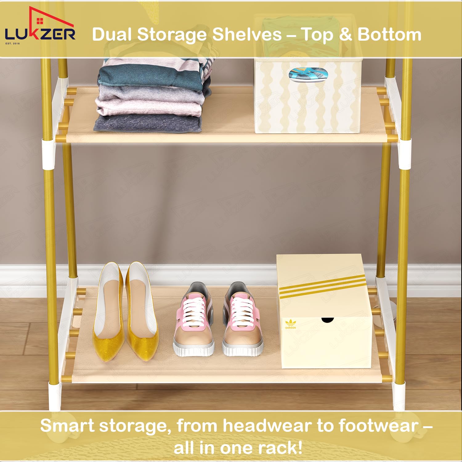 Lukzer A-Shaped Metal Garment Stand with Dual Storage Shelves & Wheels (MGR-010/Olive Yellow)