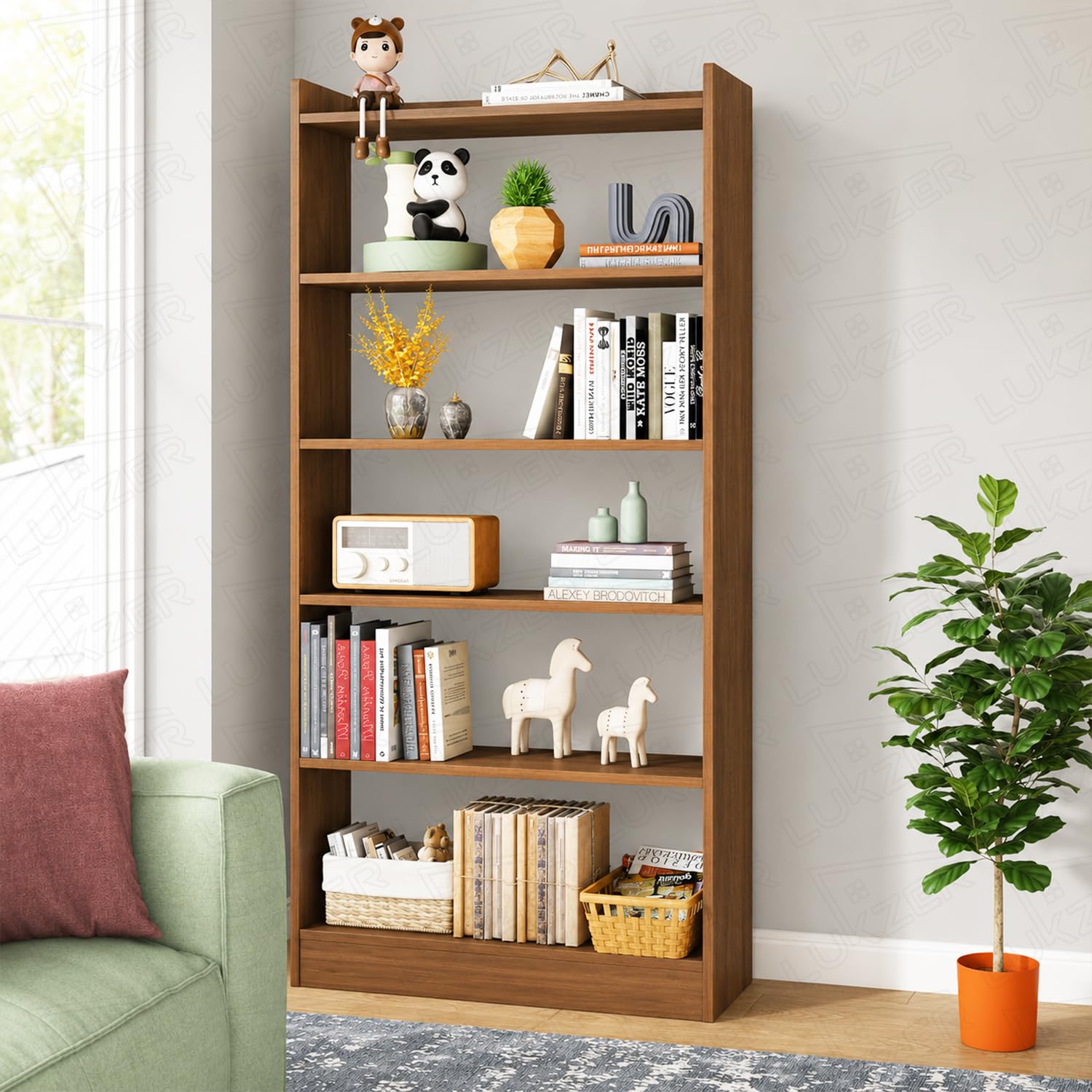 Lukzer Engineered Wood 6 Tier Bookcase Open Storage Cabinet (MR-007/Oak Brown)
