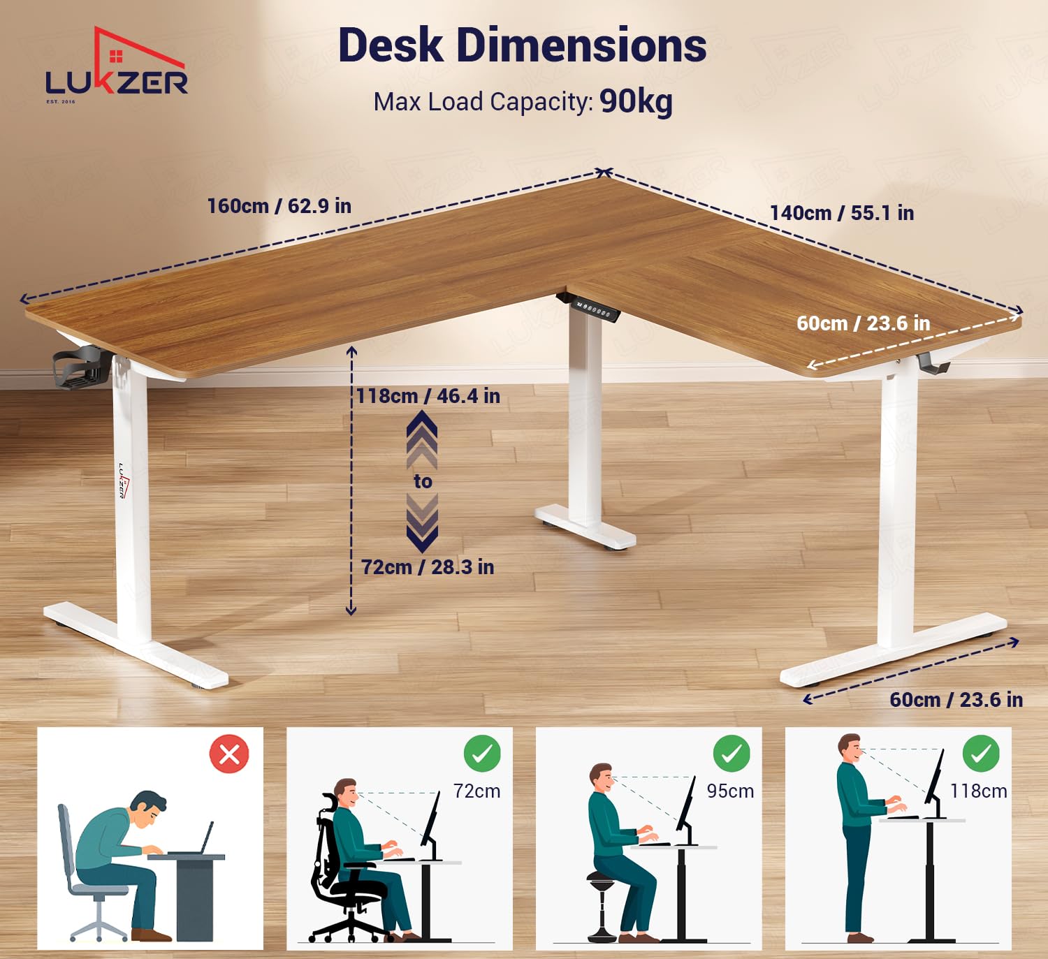Lukzer L-Shape Electric Height Adjustable Study Desk (EST-001/White & Oak Brown) 3-Years Warranty