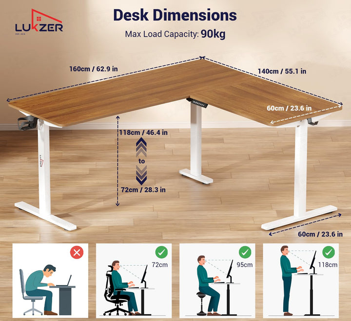 Lukzer L-Shape Electric Height Adjustable Study Desk (EST-001/White & Oak Brown) 3-Years Warranty