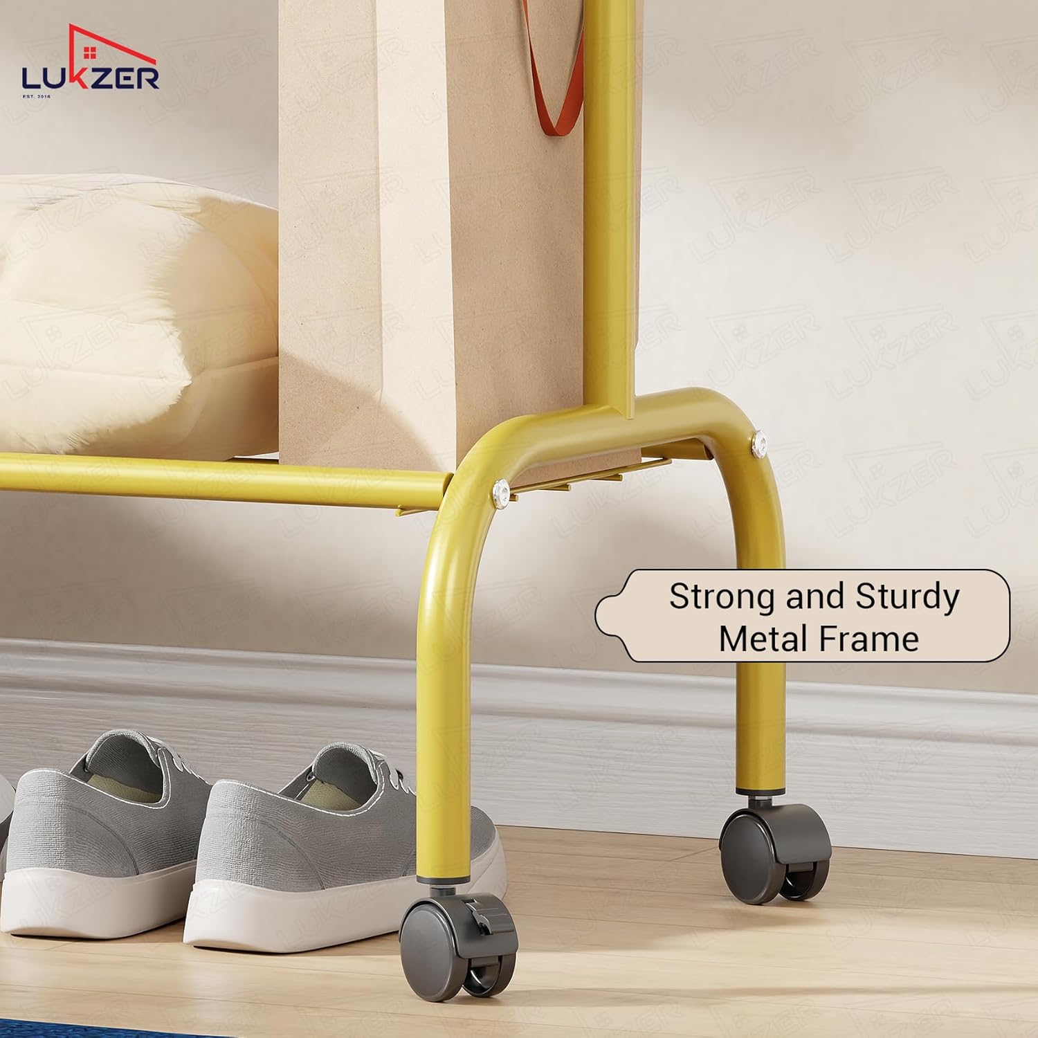 Lukzer Metal Garment Rack with Wheels & 1 Bottom Storage Shelf (MGR-005/Gold)