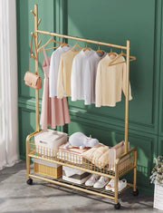 Lukzer Heavy-Duty Portable Metal Clothes Rack with Double Rod & Bottom Shelf (MGR-002/Gold)