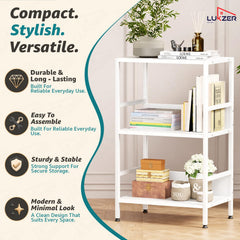 Lukzer 3-Tier Wooden Bedside Table for Bedroom & Multipurpose Open Storage Shelf (MMR-006-White & White)