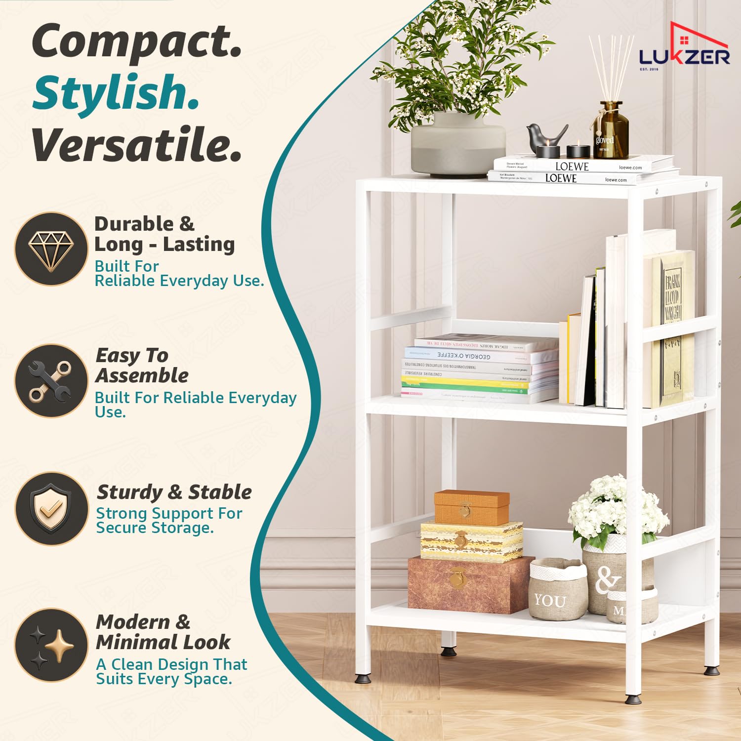 Lukzer 3-Tier Wooden Bedside Table for Bedroom & Multipurpose Open Storage Shelf (MMR-006-White & White)