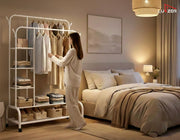 Lukzer Metal Garment Stand with 6 Shelves & Double Rods with Side Hooks & Wheels (MGS-008/White)