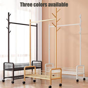 Lukzer Metal Single Rod Clothes Hanging Stand with Double Shelf & Lockable Wheels (MGR-004/Black)