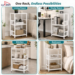 Lukzer 3-Tier Wooden Bedside Table for Bedroom & Multipurpose Open Storage Shelf (MMR-006-White & White)