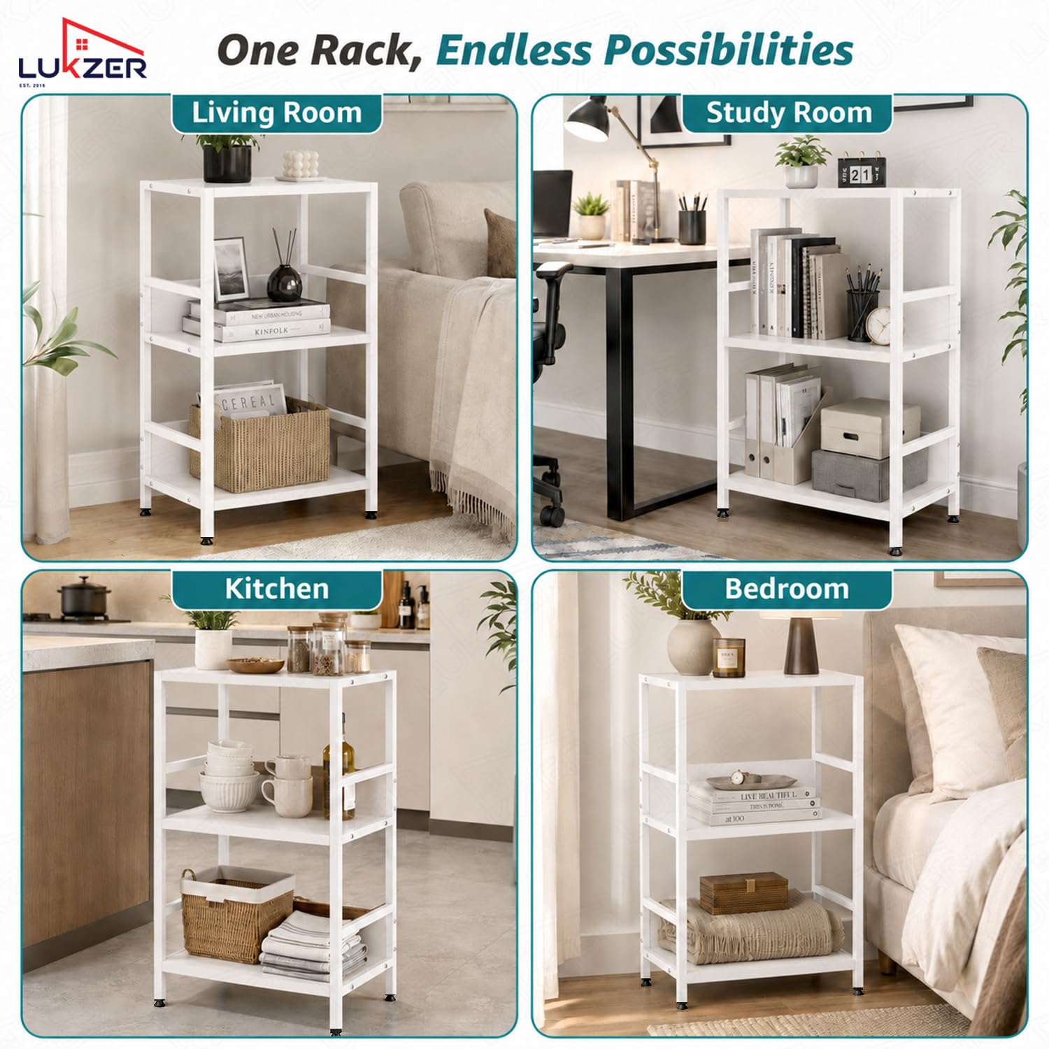 Lukzer 3-Tier Wooden Bedside Table for Bedroom & Multipurpose Open Storage Shelf (MMR-006-White & White)