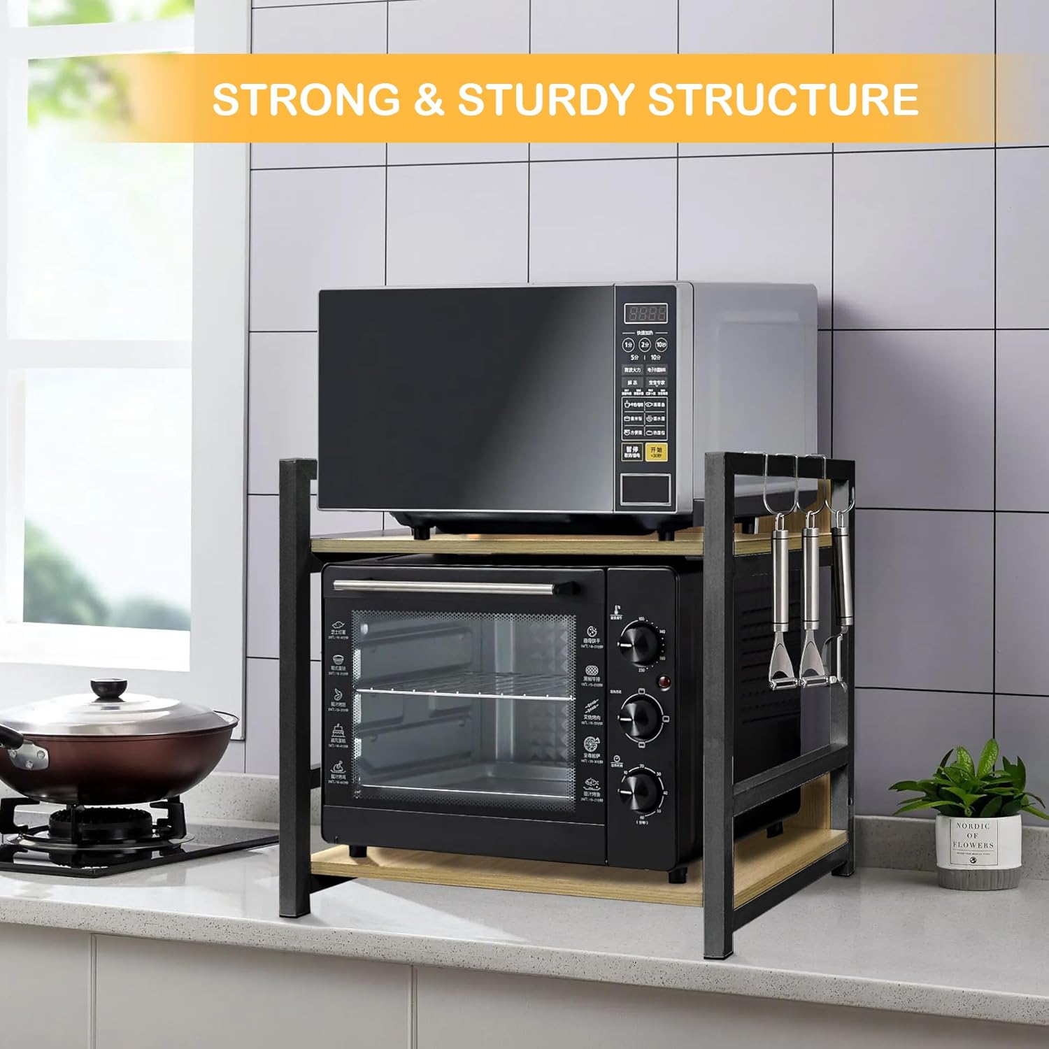 Lukzer 2-Tier Multipurpose Metal & Wood Kitchen Storage Rack (MKR-002/Oak Light with Black)