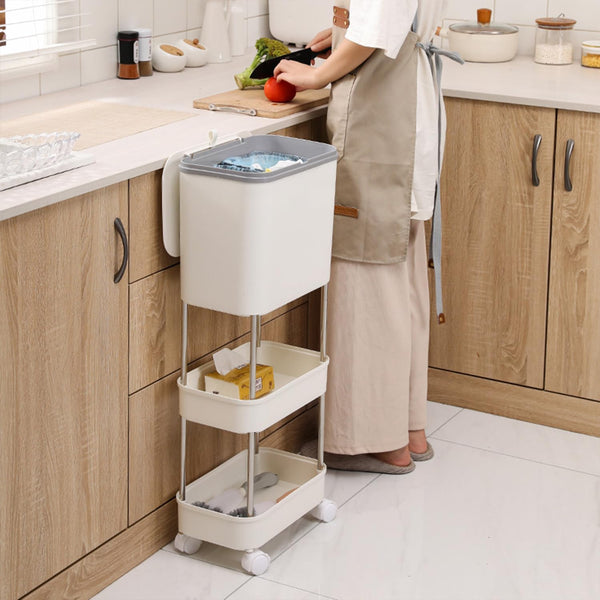 Lukzer 3-Tier Rolling Utility Cart with Trash Bin | Slim Plastic & Steel Organizer (PMR-007/White)