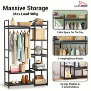 Lukzer Heavy Duty Garment Rack with 8 Shelves & Hanging Rod (MMR-004/Black & Black)